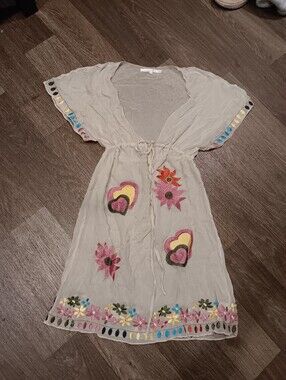 Jenny Han Embroidered Light Gray Mini Dress with Multicolor Hearts & Flowers